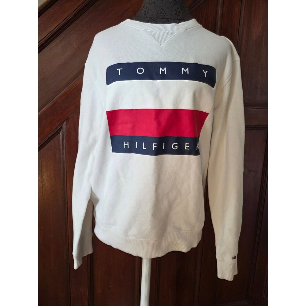 Tommy Hilfiger White Sweatshirt With Logo Print Crewneck Long Sleeve Size M